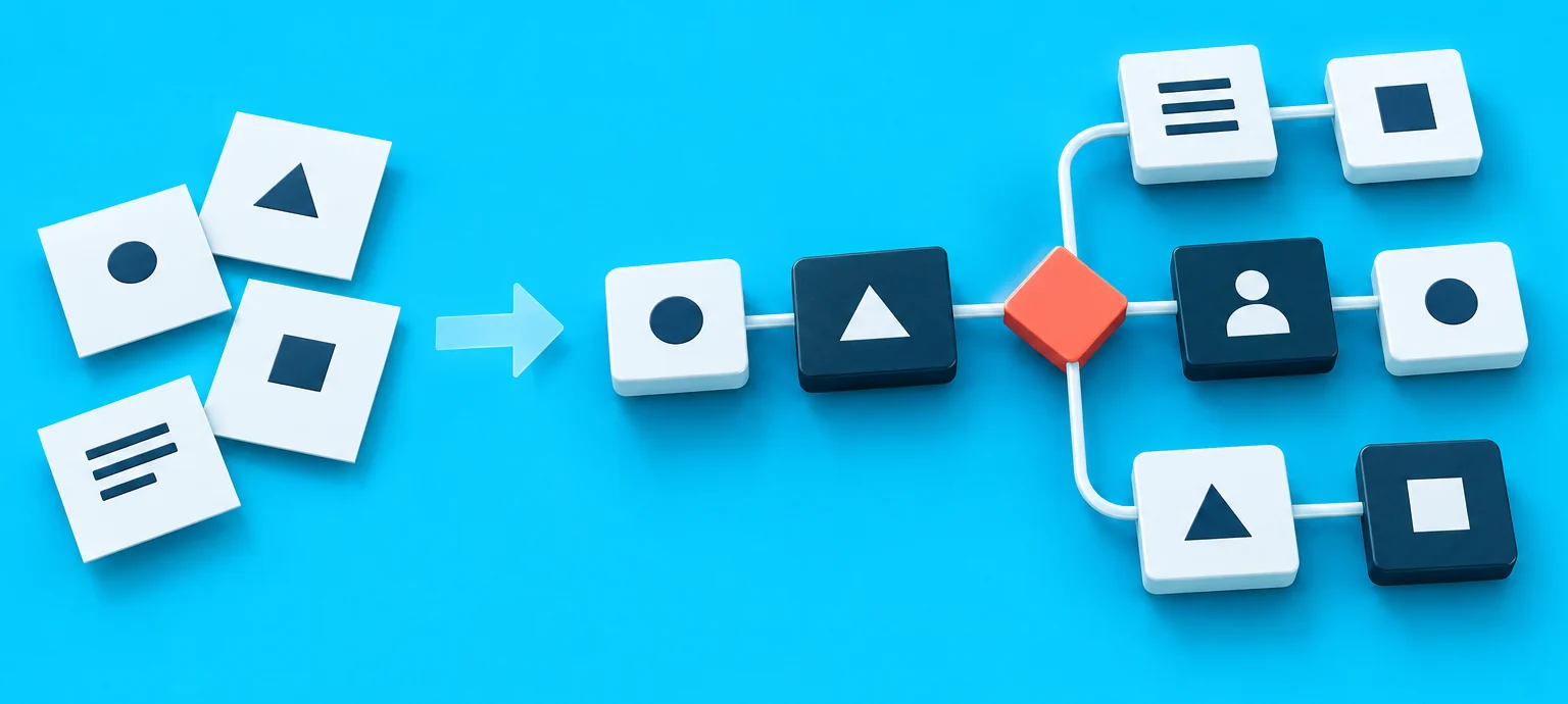 Illustration: loose process steps become a connected plan with a coral decision point and human review